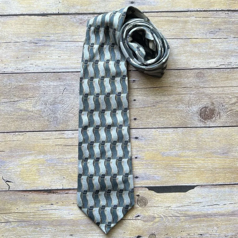 Giorgio Cosani Mens Silk‎ Tie Sage Green Gold Geometric Wavy Pattern Italy Made
